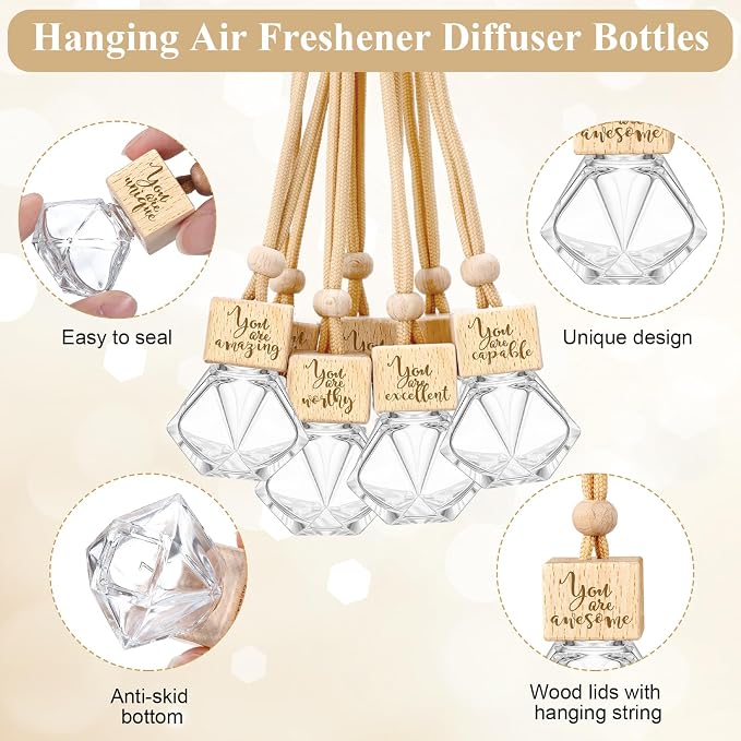Funnymoom 20 Pcs Employee Appreciation Gifts Bulk Empty Car Diffuser Air Freshener Ornament Hanging Glass Essential Oil Bottle Thank You Gift for Staff Teacher Students Nutritionist