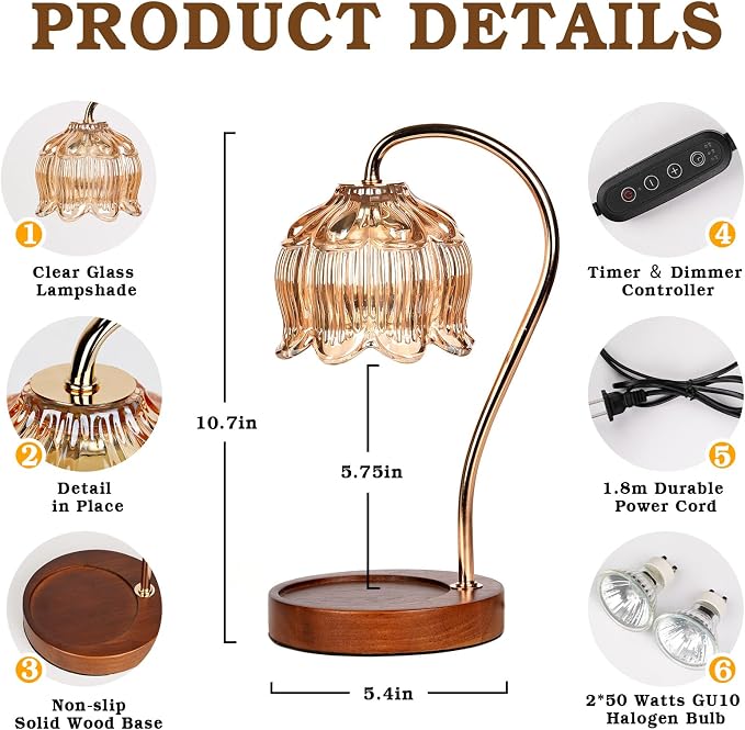 Flower Candle Warmer Lamp with Timer for Jar Candles, Dimmable Candle Lamp Warmer Gift Set with 3 Scented Candles Lavender Vanilla Oud, Christmas Birthday Gifts for Women Mom Wife Her - Amber