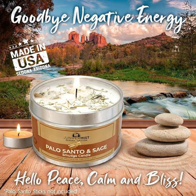 Palo Santo & Sage Smudge Candle (6oz) Ground & Purify - Pure Sage Energy Cleansing Candle for House Cleansing Negative Energy – Spiritual for Protection & Intention – Soy Wax - Made in The USA