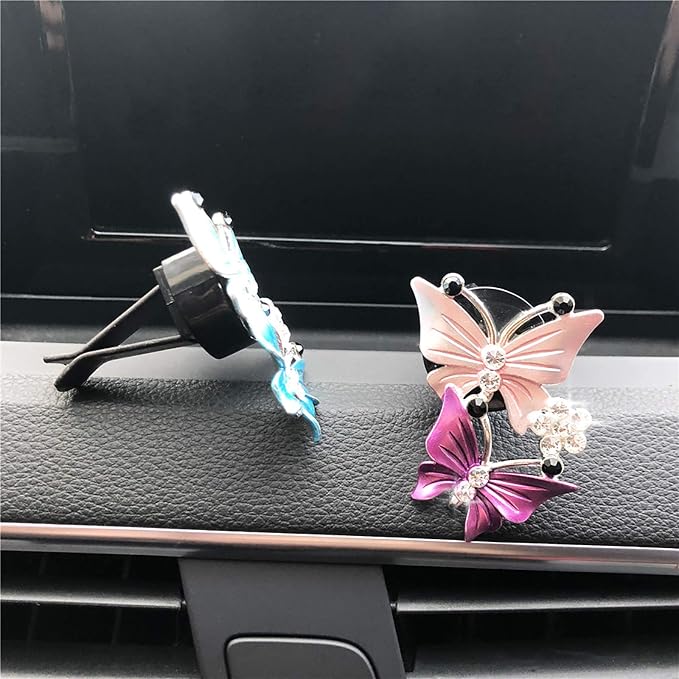 Bling Butterfly Car Air Vent Clip, Cute Rhinestone Air Freshener Clip, Glam SUV Outlet Vent Decorations, Charm Car Inter Decor Accessories for Girls Women (2Pink + 2Blue)