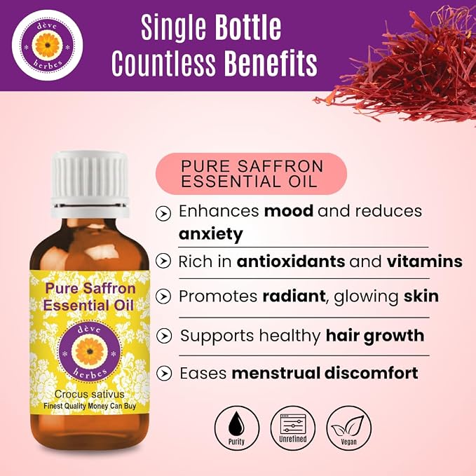 dève herbes Saffron Essential Oil (Crocus sativus) Pure | Non-Sticky | Non-Greasy | Lightweight | Men & Women | All Skin Types | Steam Distilled 5ml (0.16 oz)