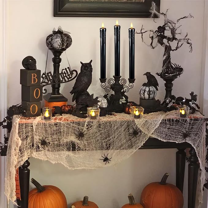 Lezonic Black Flameless Taper Candles Battery Operated with Remote, Long LED Candlesticks Flickering Real Wax Set of 6, 9.5 inch Battery Candles with Realistic 3D Flame for Halloween