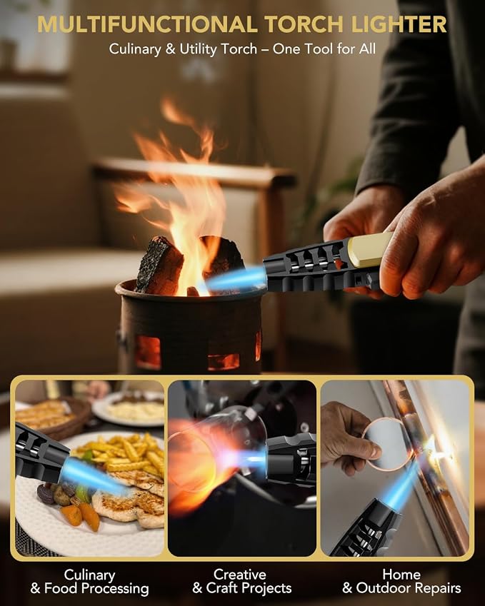 TBTeek Butane Torch Lighter 2 Pack, Adjustable Jet Flame Lighter, Refillable Blow Torch, Cooking Torch with Safety Lock for Kitchen, Baking, Candle, Camping, Gold(Gas Not Included)