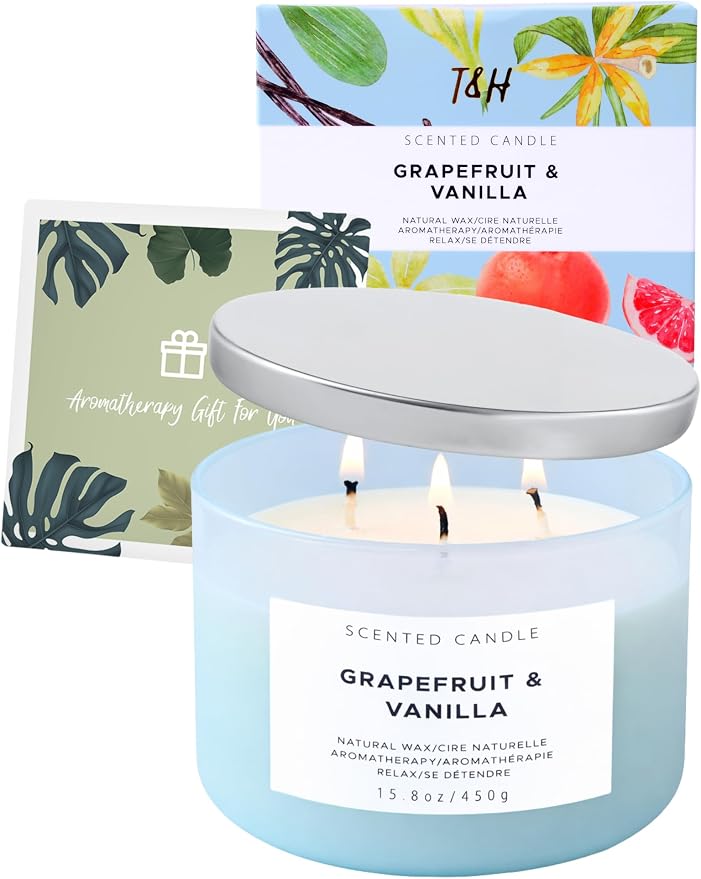 Grapefruit Vanilla 3-Wick Soy Candle | 15.8 oz Large Scented Candle for Home | Highly Scented Aromatherapy Candle for Women | Luxury Citrus Vanilla Candle Gift | Clean Burn Long Lasting