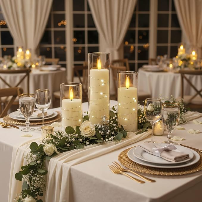 Raycare Flameless Candle with Remote Timer, 3 Flickering Acrylic Battery Operated LED Pillar Candles with Embedded Star String for Christmas, Wedding, Home Table Decor, and as a Gift (Ivory White)