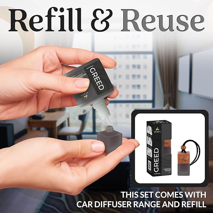 Greed Gift Set with Refill Bottle | Perfume Inspired Car Fragrances | Strong Car Freshener with Odour Eliminator Technology | Greed Automotive Freshener by Perfa