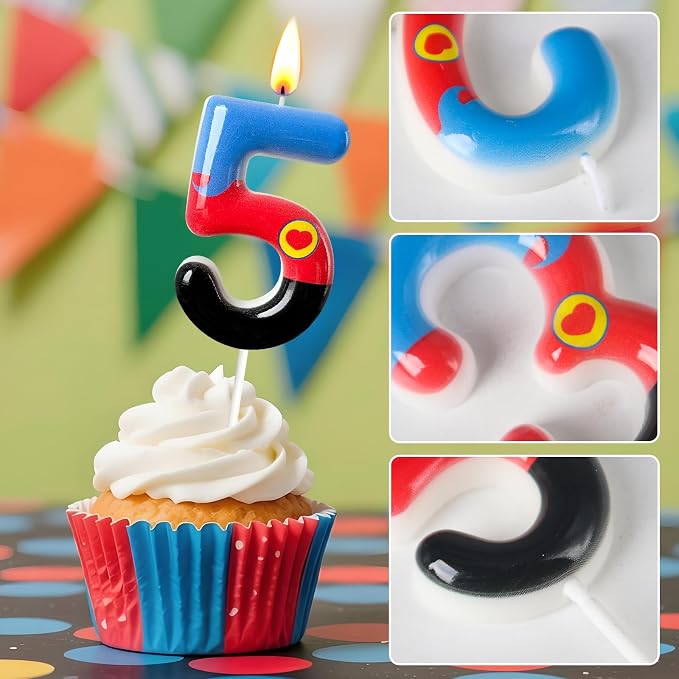 Number 5 Birthday Candle for Cake – Red Blue Cartoon Hero Style with Heart Design – Cute Cake Topper for Birthday Party Decoration