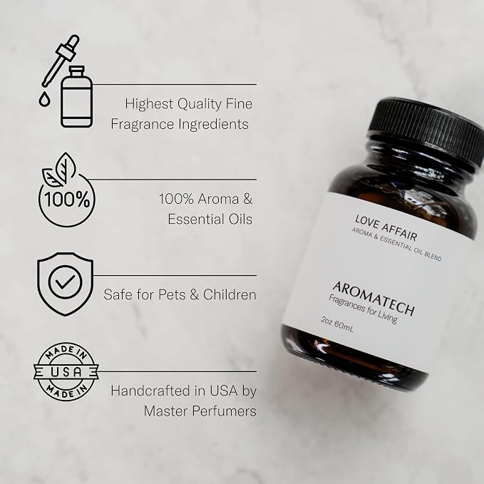 AromaTech Love Affair Aroma Essential Oil Blend: Luxury Hotel Inspired Aromatherapy with Jasmine, Saffron, Cedar & Amber for Ultrasonic Diffusers & Nebulizers (120 mL)