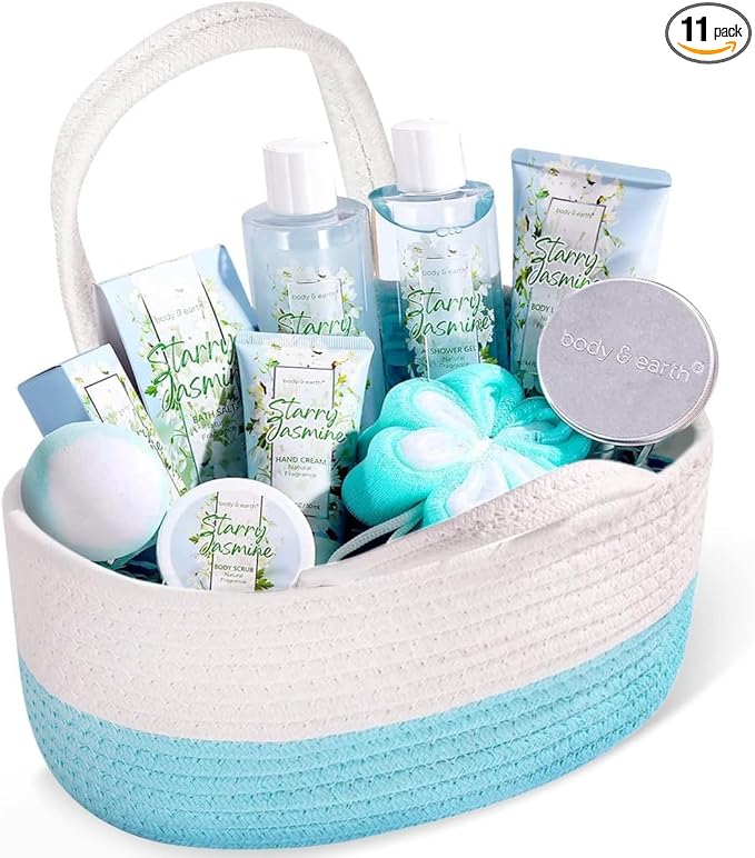Body & Earth Gift Baskets for Women 11PCS Jasmine Spa Gift Sets for Her, Self Care Kit with Bubble Bath, Shower Gel, Lotion Set, Mothers Day Gifts for Mom