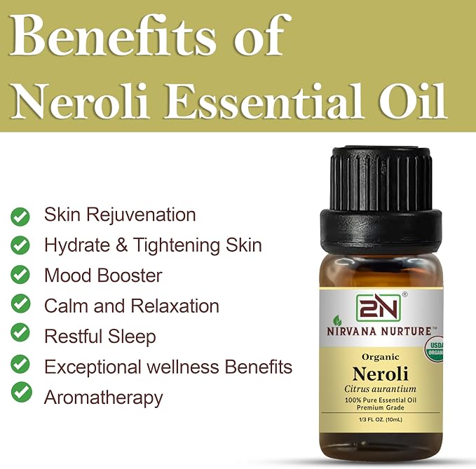 Neroli Essential Oil, USDA Certified Organic, 100% Pure Undiluted, Aromatherapy Oil for Diffuser, Hair & Skin Care