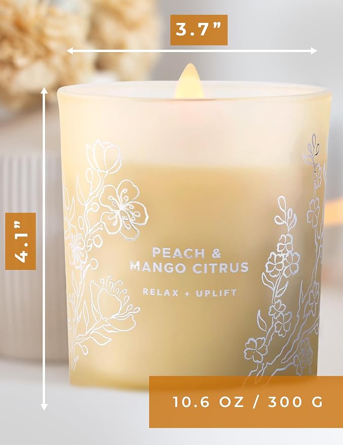 Peach Mango Citrus Candle, 10.6oz Wood Wick Soy Scented Candles for Home, Juicy Tropical Scent, Highly Scented Aromatherapy Relaxation Candle, Summer Gift for Women & Men