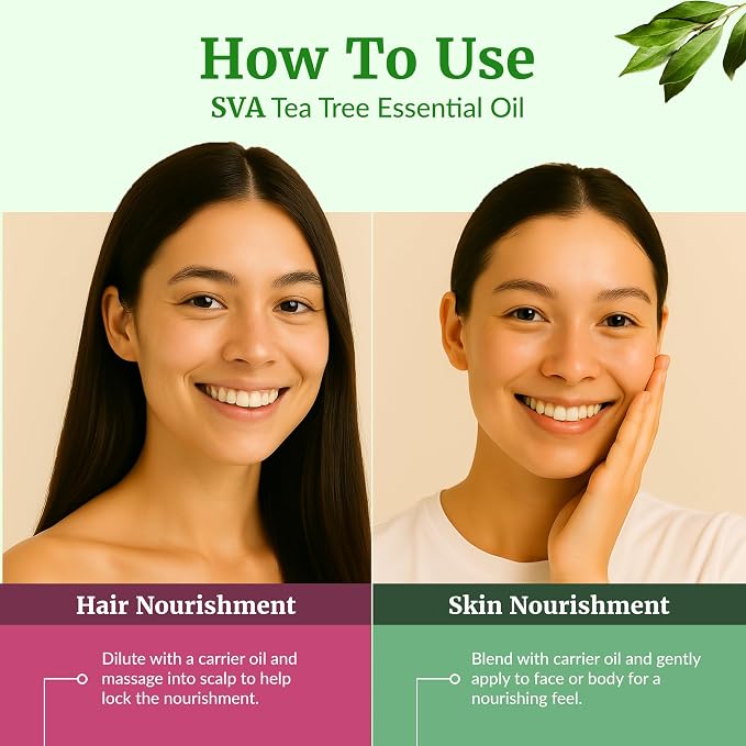 SVA Tea Tree Essential Oil 4 Fl Oz – for Diffuser, Skin & Hair Care – Ideal for Massage & DIY Blends – with Dropper