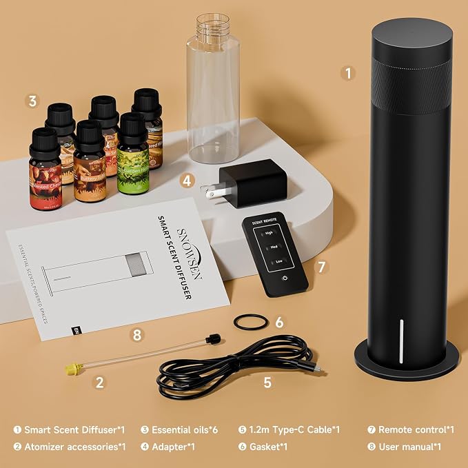 Waterless Scent Diffuser Starter Kit - Cold Air Diffuser Machine with 6 Essential Oils, 1500 Sq.ft Coverage for Large Room Home Office Hotel, Smart Aromatherapy Diffuser, Remote Control & APP, Timer