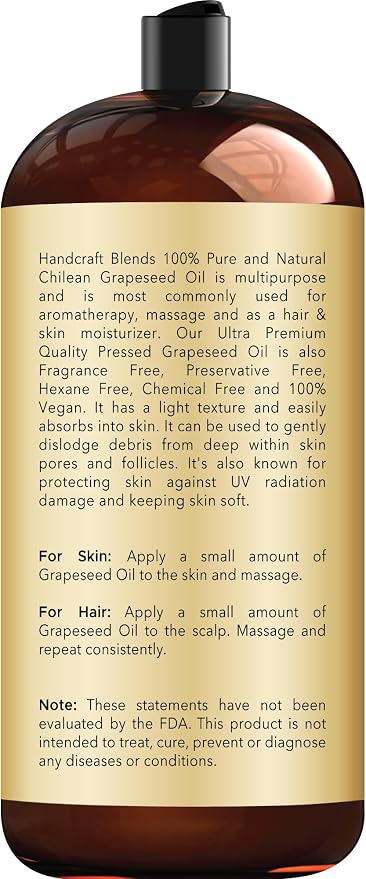 Handcraft Blends Grapeseed Oil | 100% Pure and Natural | Bath & Body Oil | Premium Grade Carrier Oil | Skin | Hair | Body | Massage | Cold-Pressed | Hexane-Free | 28 Fl Oz