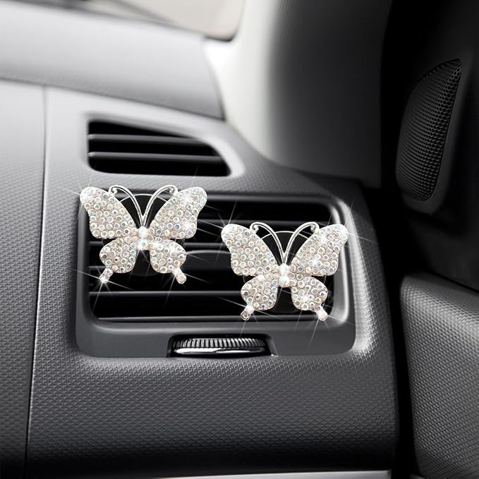 Bittwee 2PCS Bling Butterfly Car Freshener Air Vent Clips, Sparkling Crystal Rhinestone Auto Diffuser Clamps, Full Diamond Vehicle Interior Decoration Charm for Women Girls, Universal Fit（AB）