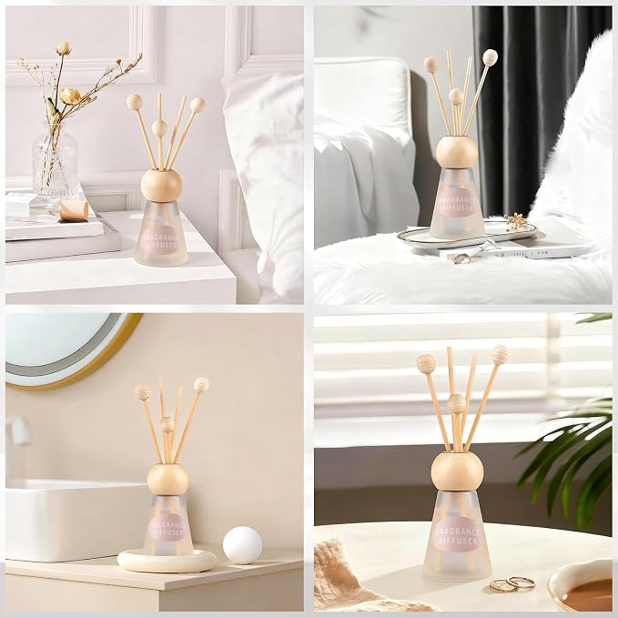 Reed Diffuser Set, White Musk Scent with Reed Sticks, 1.7 fl oz / 50ml Cone-Shaped Bottle with Round Wooden Cap, Ideal for Bathroom, Bedroom, Office, Home Fragrance for Shelf Decor Air Freshener Gift