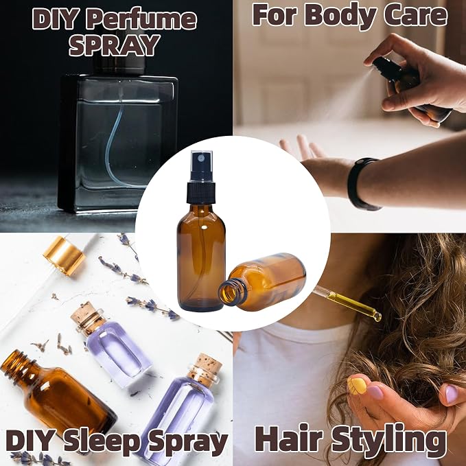 Zkupanx 4 PACK 2 oz Amber Small Glass Spray Bottles, Empty Spray Bottle for Hair, Plants, Perfume - Fine Mist, 2oz Mini Spray Bottle