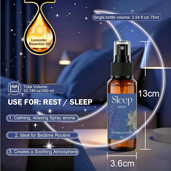 SCENTORINI Sleep Spray, 10.14 oz Calming Lavender Spray for Sleep, Lavender Essential Oil, 4 Pack Relaxing Aromatherapy Pillow Mist for Bedding Fabric, Room Spray Air Freshener
