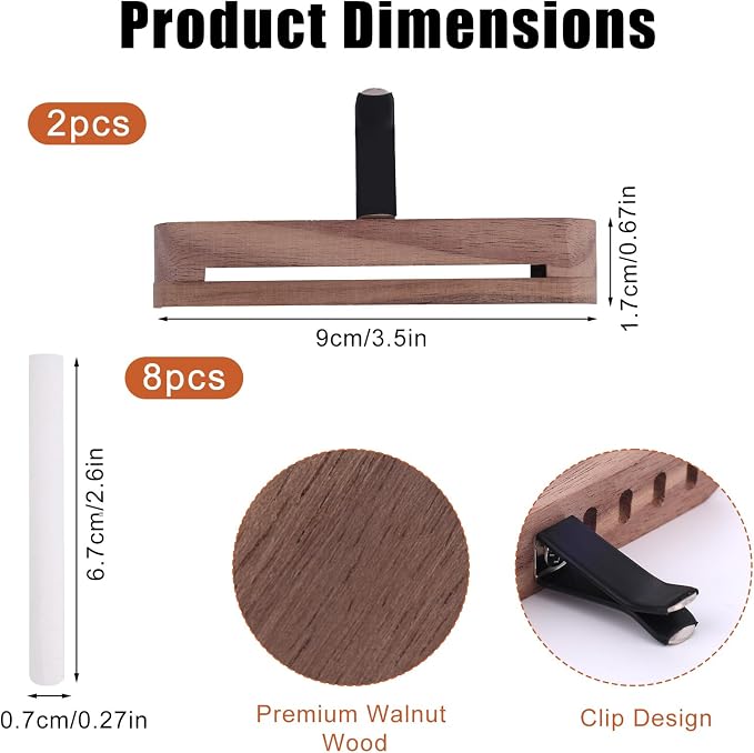 2pcs Wood Air Freshener Clips for Cars, Magnetic Car Air Vent Essential Oil Perfume Clip with 8 Unscented Absorbing Sticks Refillable Aroma Diffuser Base Holder for Auto Homes Offices Accessories