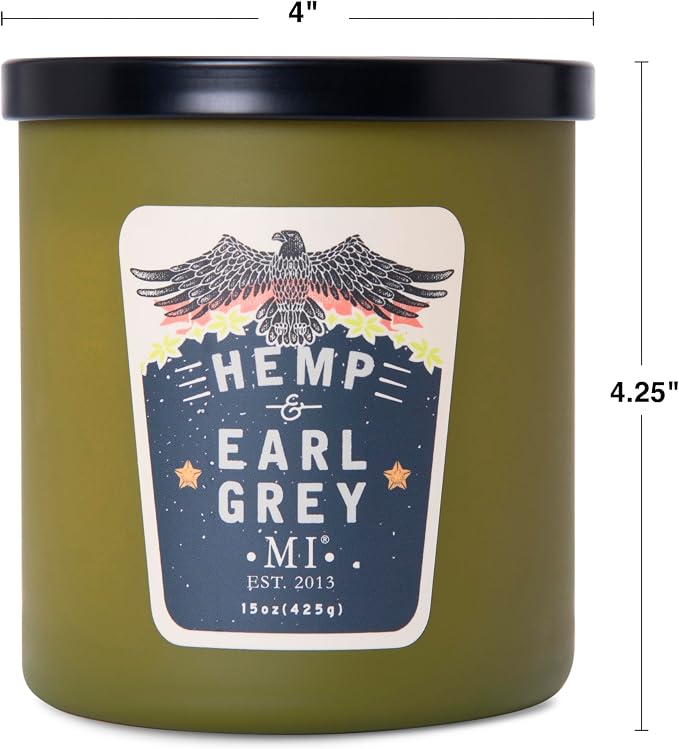 Manly Indulgence Hemp & Earl Grey Scented Candles for Men, 2 Wick, 15 oz Premium Soy Blend Wax, 60H Burn, Candles for Home Scented – Made in The USA