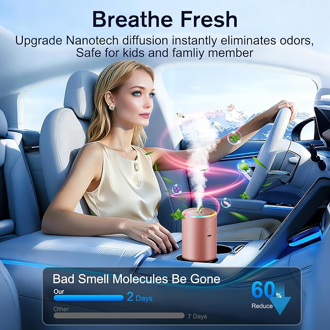 Car Air Freshener, Smart Car Air Fresheners Diffuser with 100ml Fragrance, Long Lasting Lasts 6 Months, RGB Music Syncing Light, Auto On/Off, 5 Adjustable Car Aroma Diffuser for Women, Rose Gold