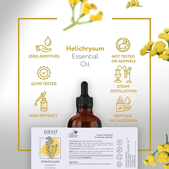 HBNO Helichrysum Oil - Huge 4 oz (120ml) Value Size - Ideal for Perfumes, Home Fragrances, Reed Diffusers, Lotions, Car Fresheners and Skin Care Products.