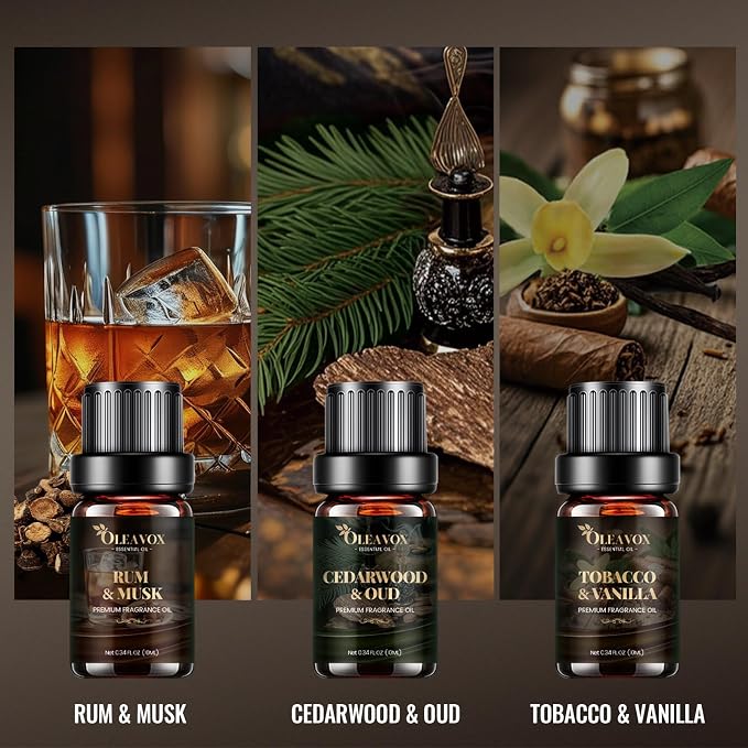 Men Essential Oils Gift Set, Premium Fragrance Oil for Diffusers for Home, Candle & Soap Scents,Agarwood & Leather,Tobacco & Vanilla, Sandalwood & Amber, Cypress & Sage, Rum & Musk,Cedarwood & Oud