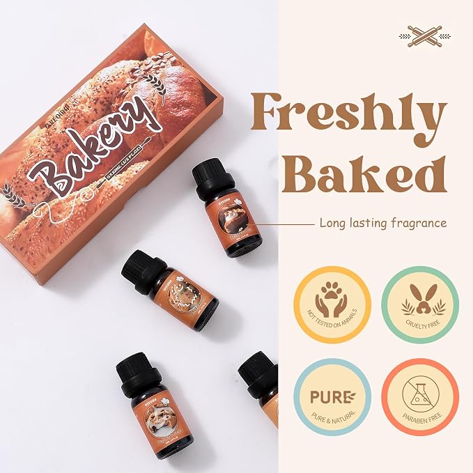Bakery Fragrance Oils Set, AVEOIRA Sweet Essential Oil Set for Diffuser, Candle, Soap Making Scented Oils, Peach Pie, Pumpkin Pie, Snickerdoodle, Coffee Cake, Sugared Cookies, Gingerbread, 6x10ml