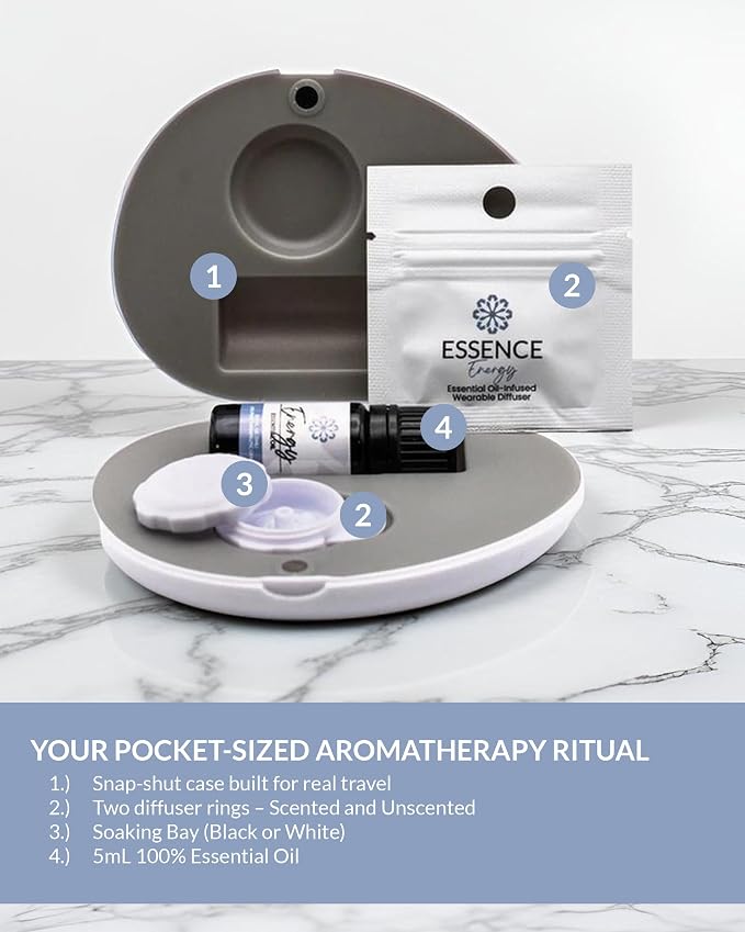 Essence Pearl Travel Case | Energy Essential Oil | Aromatherapy Nasal Diffuser & Essential Oil Carrying Case | Peppermint & Citrus Blend | Travel-Friendly Kit | White Pod