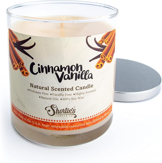 Cinnamon Vanilla Scented Natural Soy Candle, 9 Oz., Essential Fragrance Oils, 100% Soy, Phthalate & Paraben Free, Clean Burning