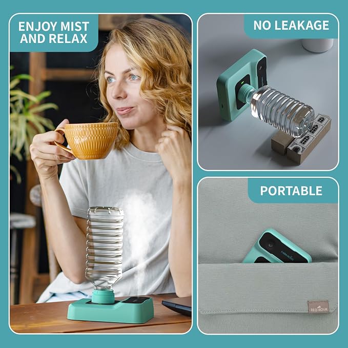 Travel Humidifier, Portable Small Humidifier for Plants, Bedroom, Office, Hotel or Car, 5000mAh Battery Operated Mini Cool Mist Humidifiers, Quiet 23dB, Auto-off, Night Light & BPA-Free, Green