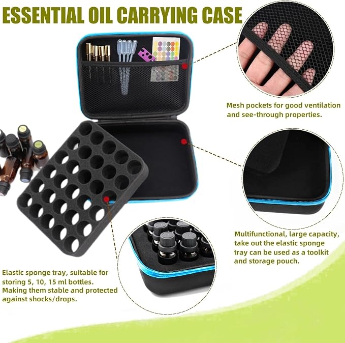 BLIRITEL EVA Essential Oils Organizer, 30 Bottles Hard Shell Essential Oil Storage Carrying Case, Essential Oils Boxes Holds 30 Bottles with 5ml,10ml,15ml (Blue)