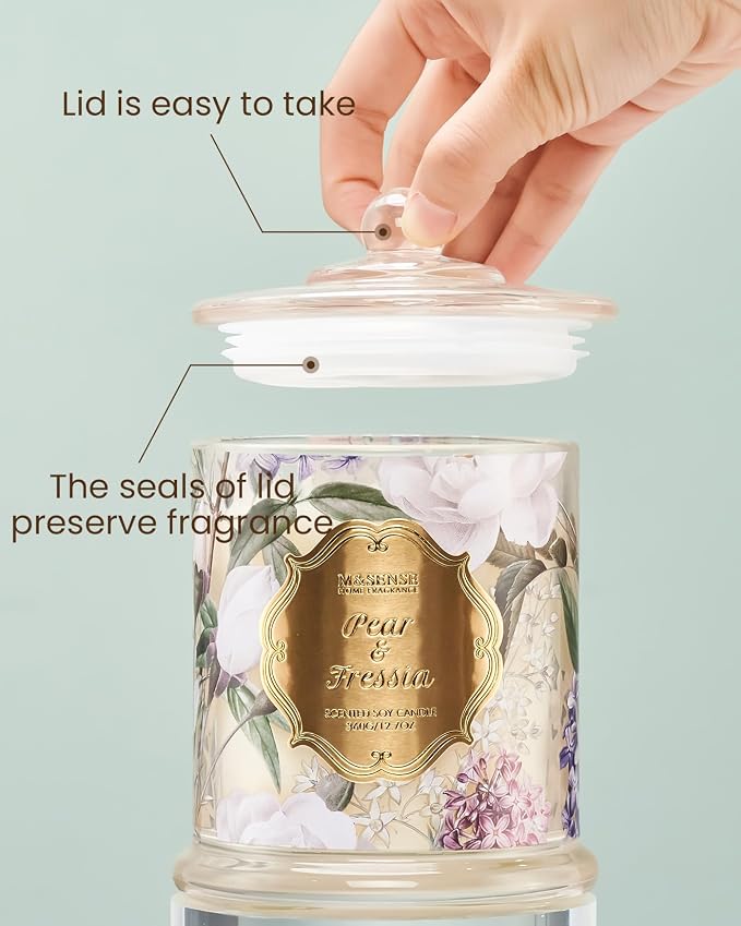 M&SENSE Pear Fressia Scented Candle 12.7oz Stress Relief 2 Wick | Natural Soy Wax, Non-Toxic, Stress Relieving Aromatherapy, Romantic Summer Gifts for Women, 75 Hours
