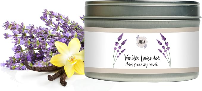 Aira Soy Candles - Organic, Kosher, Vegan, Tin Candle w/Therapeutic Grade Essential Oil Blends - Hand-Poured 100% Soy Candle Wax - Paraffin Free, Burns 60+ Hours -Vanilla Lavender Scent - 8 Ounces
