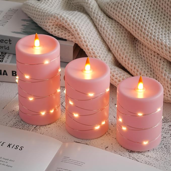 Rose Pink Flameless Candles with String Lights Battery Operated Flickering LED Pillar Candles with Remote Control Timer, Set of 3 for Living Room, Table Décor, Christmas Weddings