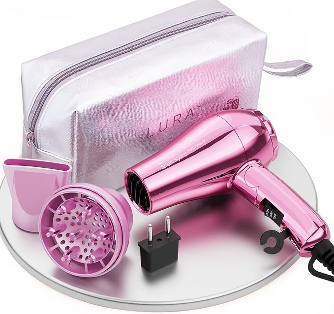 LURA Mini Portable Travel Hair Dryer:Dual Voltage Small Lightweight Blow Dryer with EU Plug,1200W Compact Hairdryer with Folding Handle,with Concentrator&Diffuser Attachment,for Women and Men