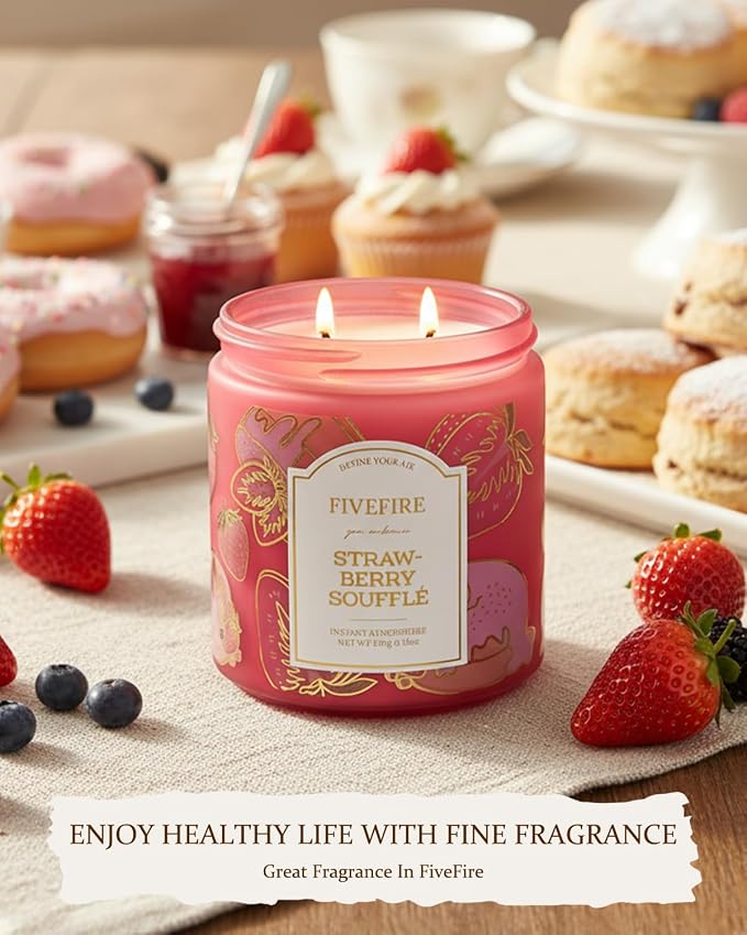 Strawberry Souffle Scented Candles for Living Room, 13oz Natural Soy Wax 2-Wick Jar, Up to 76-Hour Clean Burn, Sweet Creamy Bakery Home Fragrance, Gift for Women Men