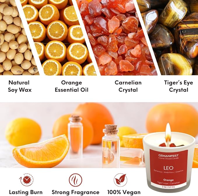 Leo Zodiac Candle with Carnelian Bracelet Orange Scented Soy Manifestation Candles Zodiac Gifts for Leo Women Birthday Astrology Spiritual Gifts