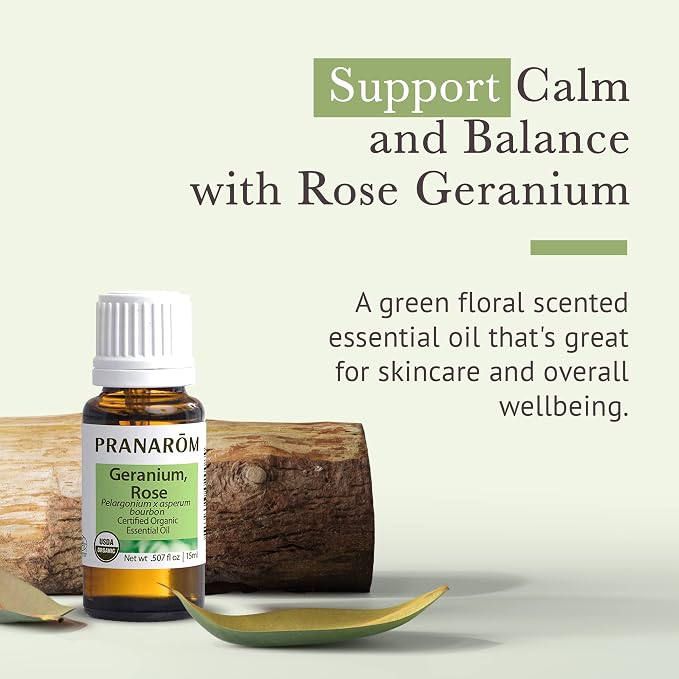 Pranarom USDA Certified Organic Rose Geranium Essential Oil (5ml), 100% Pure Undiluted Therapeutic Grade from Madagascar for Aromatherapy, Diffuser, Skincare, Relaxation, Pure Rose Scent