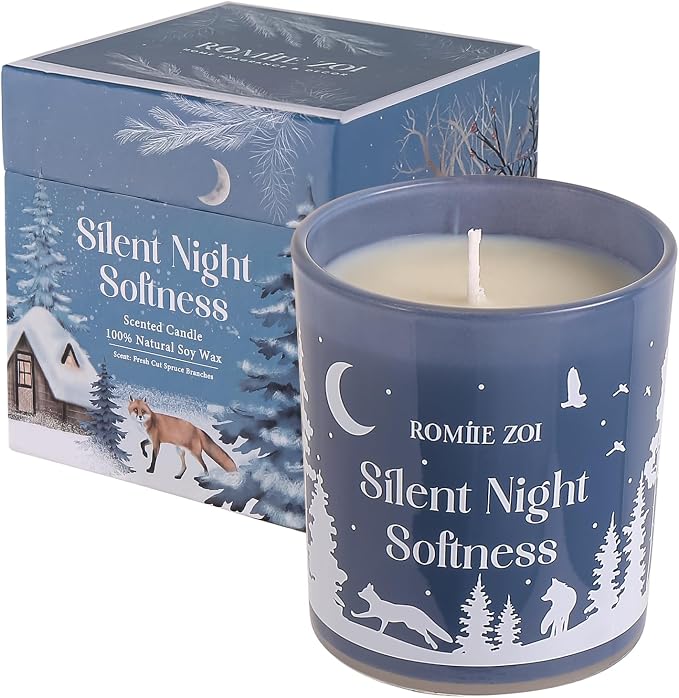 ROMIIE ZOI Christmas Scented Jar Candle - 6oz Soy Wax Candle - Silent Night Softness Infused with Fresh Cut Spruce Branches Aroma - with Beautiful Keepsake Box Special for Christmas/Holiday Gifts