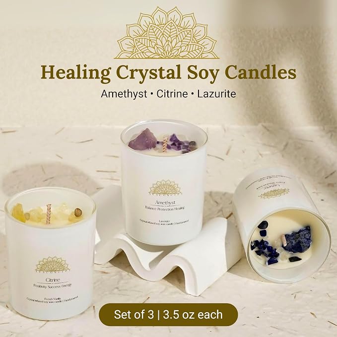 AvaConcept Healing Crystal Candle Gift Set – Set of 3 Citrine, Amethyst & Lazurite Hand-Poured Soy Wax French Vanilla, Lavender & Sea Salt Orchid Aromatherapy Scents 3.5oz Each | Premium Gift Box