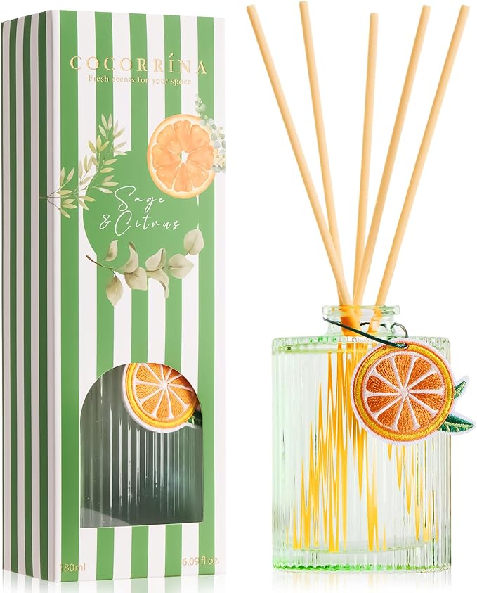 COCORRÍNA Reed Diffuser, Sage & Citrus Scent Oil Diffuser, 6.09 fl oz, 8 Reeds, Long-Lasting Home Fragrance, Bathroom Bedroom Shelf Decor & Gifts