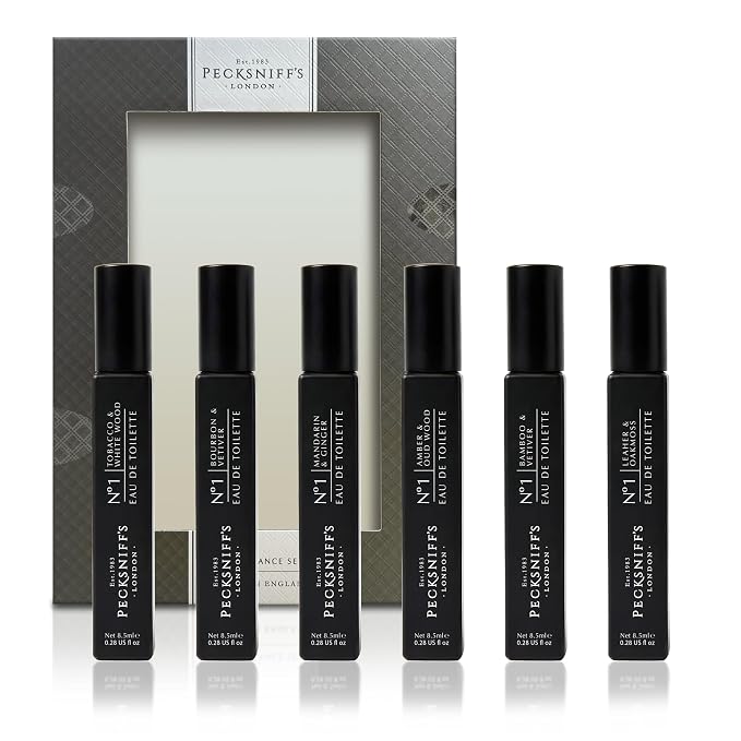 Pecksniff’s Men’s Essentials Fragrance Gift Set – 6x10 ml Eau de Toilette Collection – Luxury Mini Cologne Sampler, Designed in England