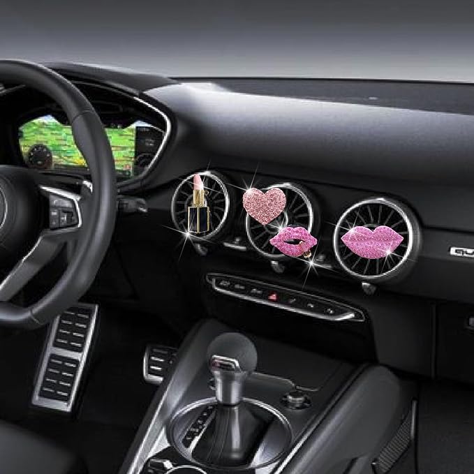 4 Pcs Pink Lips Air Vent Clips, Sexy Lips Kiss Heart Shape Car Air Fresheners, Charms Rhinestone Diffuser Vent Clip Cute Car Decor Bling Car Accessories for Women, Automotive Air Fresheners (Pink, 4)