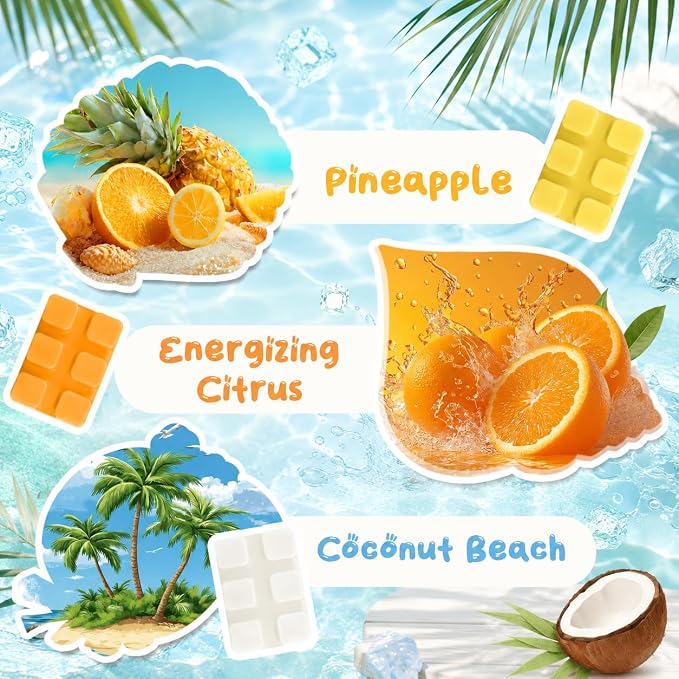 SCENTORINI Wax Melts, Scented Wax Cubes for Wax Warmers, Summer Scent Wax Melts, Coconut Beach, Pear Blossom, Cherry, Cucumber Melon, Pineapple, Energizing Citrus, 6 Pack