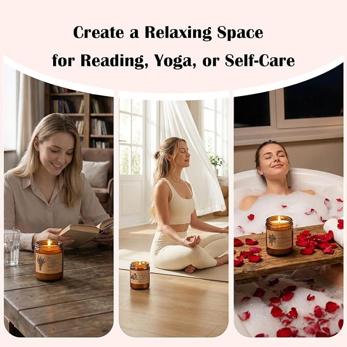 Soy Candles Set of 4, 9oz Natural Soy Wax Aromatherapy Candles, Home Scented Candles with 4 Scents (Lavender, Amber Sandalwood, White Sage, Coconut Vanilla), Gifts for Mom, Women, Relaxation, Yoga