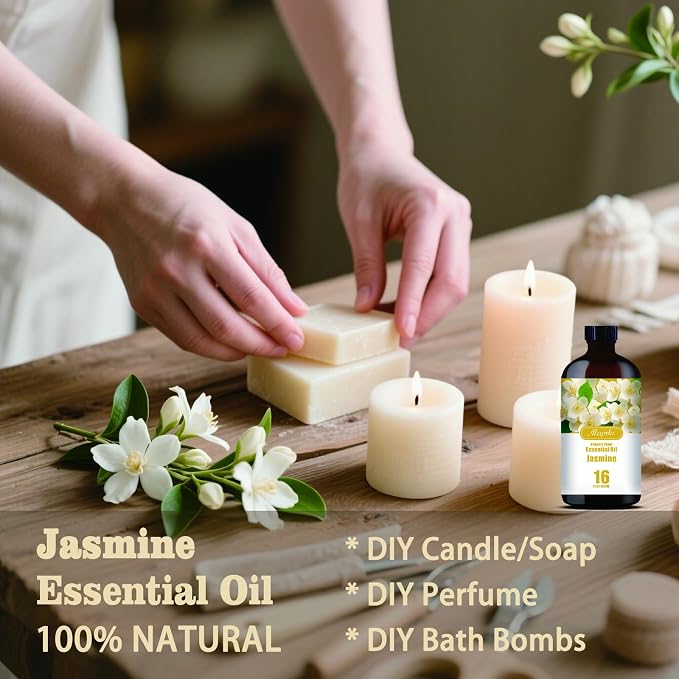 Jasmine Essential Oil, Jasmine Oil for Romance, Diffuser, Humidifier, Massage, DIY Candle, Soap, Skin Care, Yoga, Gift Ready, Jasmine Fragrance Oil - MLYNKL Essential Oils (16.33 fl oz / 490ml)