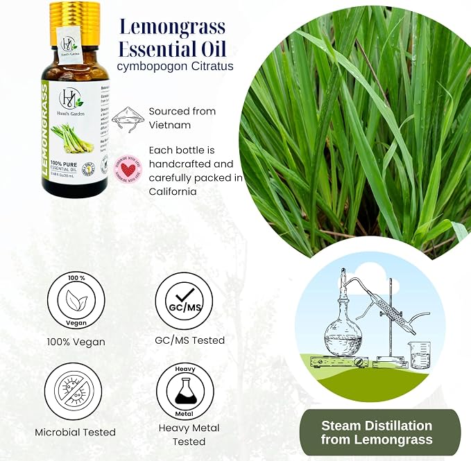 Hami’s Garden Lemongrass Essential Oil – 0.68 fl Oz/20 mL – 100% Pure and Natural – Premium Grade with Glass Dropper - for Diffusers, Home Care, Soap Making.