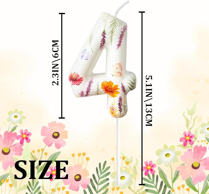 Number 4 Birthday Candle for Cake – Floral Botanical Design with Butterfly Detail – Elegant Cake Topper for Birthday, Garden Party Decoration
