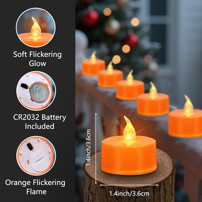 Tea Lights Battery Operated Candles LED Tea Lights Flameless Candles 200+ Hours Flickering Fake Tealights for Sweetest Day Wedding Home Decorations Party (Orange Base, 24 Pack)